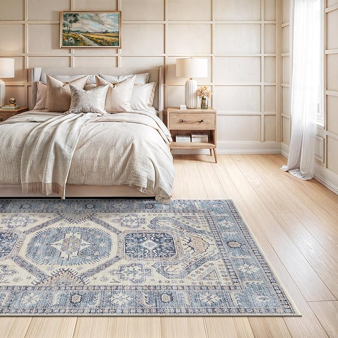 Bloom Rugs Washable Non-Slip 6' x 9' Rug - Blue/Beige Traditional Oriental Area Rug for Living Room, Bedroom, Dining Room, and Kitchen - Exact Size: 6' x 9'