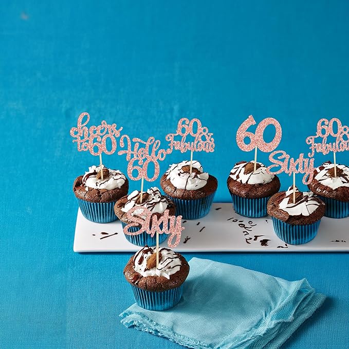 30Pcs 6th Birthday Cupcake Toppers Glitter Six Hello 6 Cupcake Picks Cheers to 6 Years Old Cake Decorations for 6th Birthday Party Supplies Rose Gold