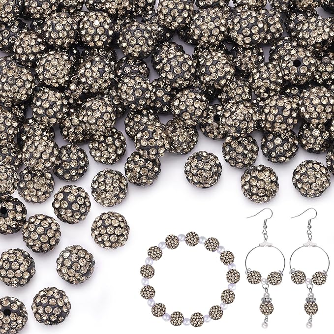 200pcs 10mm Gray Rhinestone Beads for Jewelry Making, Shiny Round Shamballa Disco Ball Beads Bulk, Sparkle Crystal Clay Christmas for Bracelet Baseball Necklace Earring Crafting and DIY