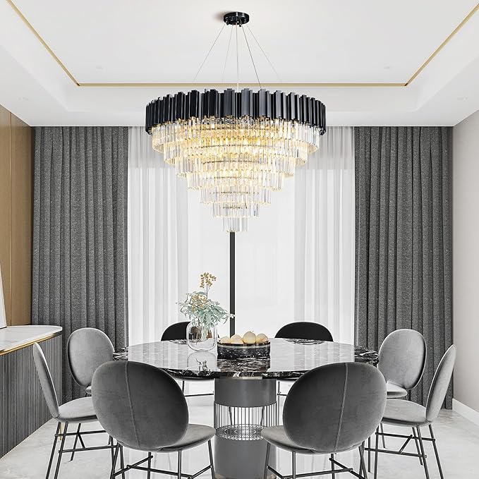 39" Black Crystal Chandelier, 21-Light Modern Luxury Round Chandelier, 7-Tier Contemporary Tiered Chandeliers Light Fixture for Dining Room, Living Room, Bedroom, Foyer, Entryway, Kitchen