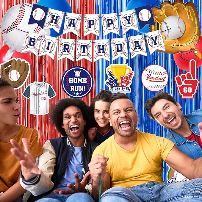 Baseball Party Decorations, Baseball Birthday Party Supplies Kit, Include Sport Themed Birthday banner, Foil Fringe,Hanging Swirls, Baseball Balloons, Cake&Cupcake Toppers