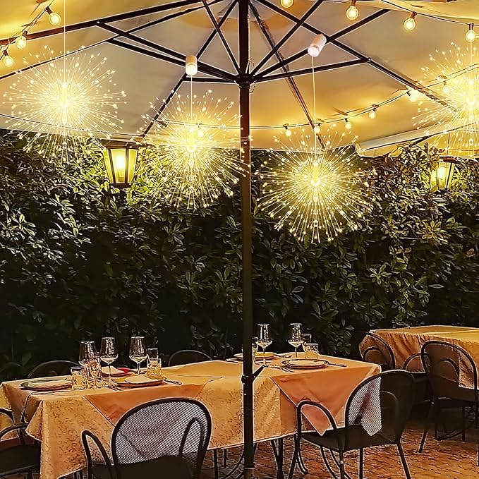 4 Pack String Lights - 225 LED 8 Modes Dimmable with Remote Control, Waterproof Copper Wire Decorative Hanging Bursting Star Lights for Party, Patio, Garden Decoration (Warm White)