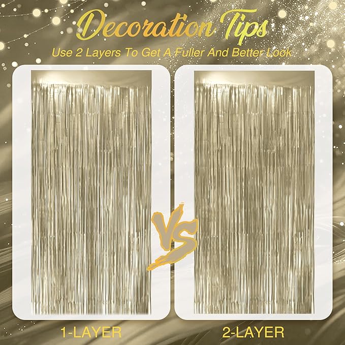 2 Pack Metallic Champagne Gold Fringe Backdrop, 3.2x8.2ft Shining Foil Tinsel Curtains, Birthday Party Decorations Door Streamers for Halloween, Christmas, Wedding, Graduation, Holiday, Theme Events