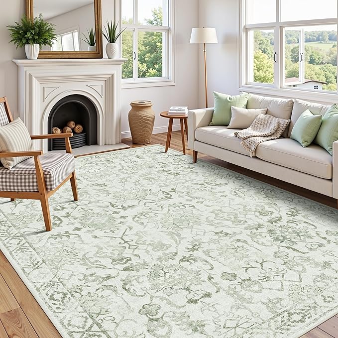 Sage Green Area Rugs 5x8 for Living Room, Washable Vintage Rugs for Bedroom, Distressed Throw Rug, Non Slip Rug Carpet for Bedroom Dining