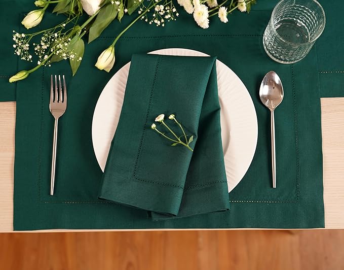 100% Pure Linen Green Placemats 14 x 19 Inch - Hemstitch Christmas Placemats Set of 4 – Elegant Cloth Fabric Table Mats for Winter, Thanksgiving & New Year Décor – Elara Collection