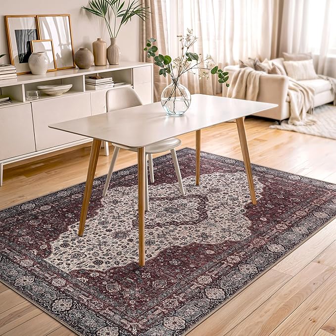 Bloom Rugs Washable Non-Slip 5' x 7' Rug - Red/Green/Cream Traditional Medallion Area Rug for Living Room, Bedroom, Dining Room, and Kitchen - Exact Size: 5' x 7'