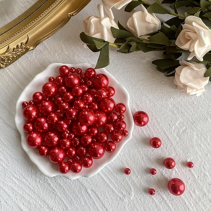 120 PCS 8/14/20mm No Hole Polish Pearl Beads for Centerpiece, Red Beads Decorative Vase Fillers, Plastics Pearls for Vases, Table Scatters, Wedding Party Decor