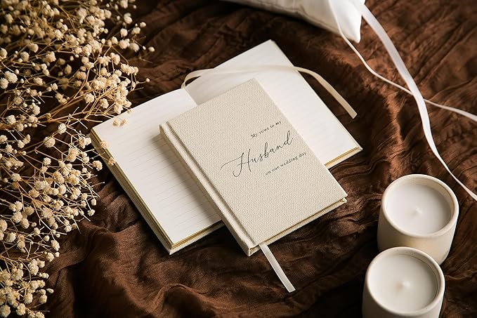 MUUJEE Hard Cover Vow Books (Set of 2) - Cream Canvas Linen Foil Embossed Wedding Ceremony Vow Renewal Speech Books, Couple Gifts for Engagement (To My Husband/Wife)