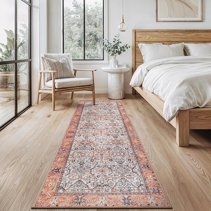 Bloom Rugs Washable Non-Slip 10 ft Runner - Orange Traditional Bordered Runner for Entryway, Hallway, Bathroom, and Kitchen - Exact Size: 2.5' x 10'