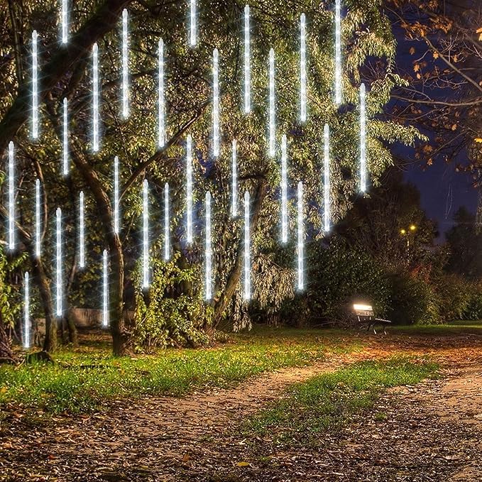 Dazzle Bright Christmas Lights Outdoor, 288LED Meteor Shower Rain Lights 12 Inch 8 Tubes, Waterproof Plug in Falling Icicle Light Christmas Decorations for Xmas Tree Yard House Decor (White)