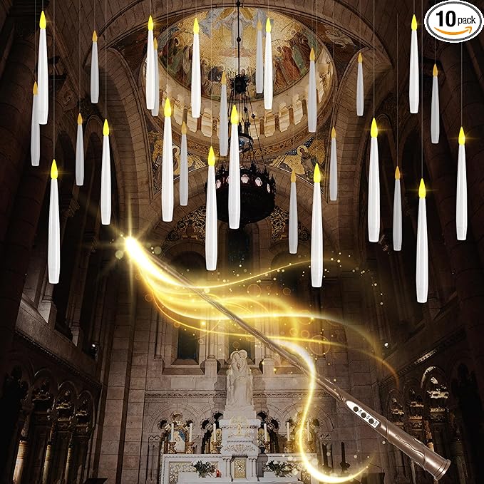 Floating Candles with Wand, 10 Pack Halloween Flameless Candles Battery Operated LED Taper Hanging Electric Candle for Christmas Halloween Birthday Party Decor 6.1in