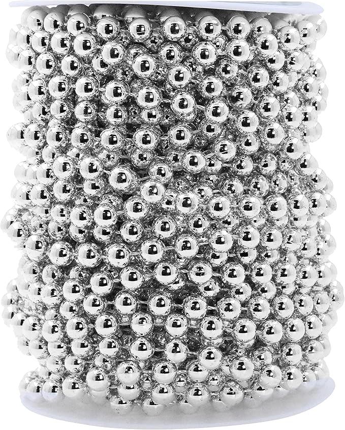 Mandala Crafts 8mm Faux Metallic Silver Pearl Beads Roll - 20 Yards Strand of Fake Pearls Chain Garlands Spool String for Christmas Tree, Wedding, Party, Vases, DIY Decoration