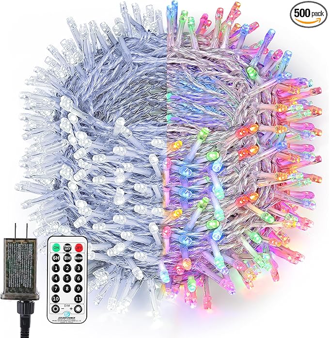BrizLabs Cool White & Multicolor Christmas Lights, 180ft 500 LED Color Changing String, 11 Modes Tree Lights With Remote, Dimmable Xmas Clear Wire for Indoor Outdoor Christmas