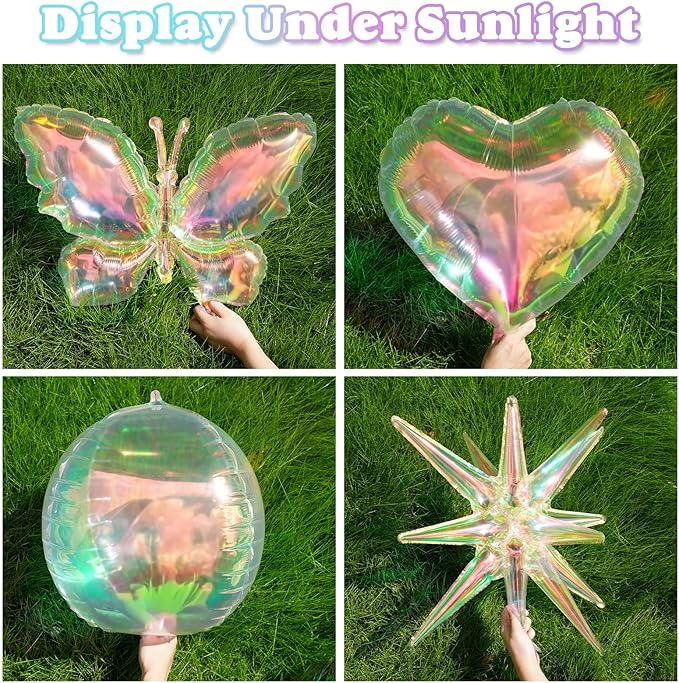 6Pcs Iridescent Foil Balloons, 22" 18" Heart Explosion Star Iridescent Balloons Large Holographic Clear Foil Balloon for Birthday Baby Shower Mermaid Rainbow Wedding Party Supplies