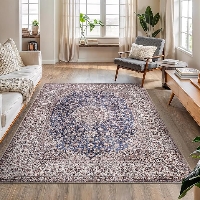 Bloom Rugs Washable Non-Slip 5' x 7' Rug - Dark Blue/Beige Traditional Medallion Area Rug for Living Room, Bedroom, Dining Room, and Kitchen - Exact Size: 5' x 7'