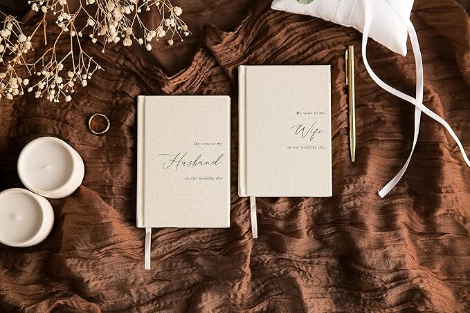 MUUJEE Hard Cover Vow Books (Set of 2) - Cream Canvas Linen Foil Embossed Wedding Ceremony Vow Renewal Speech Books, Couple Gifts for Engagement (To My Husband/Wife)