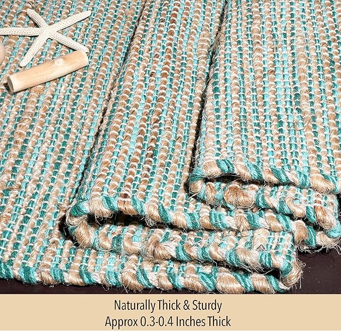 Chardin home Natural Jute Table Runner 13x72 Inch – Vintage Boho Rustic Table Decor – Handwoven Table Runner in Natural Jute and Aqua Turquoise – Farmhouse Dining or Console Table Accent