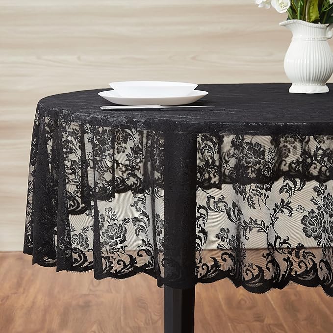 LinenZone Extra Large Black Round Tablecloth for Rustic Vintage Decor. Sheer Lace Table Cloth Works Great As Wedding Tablecloth or Thanksgiving Table Cover. (Mia 120 Round, Black)