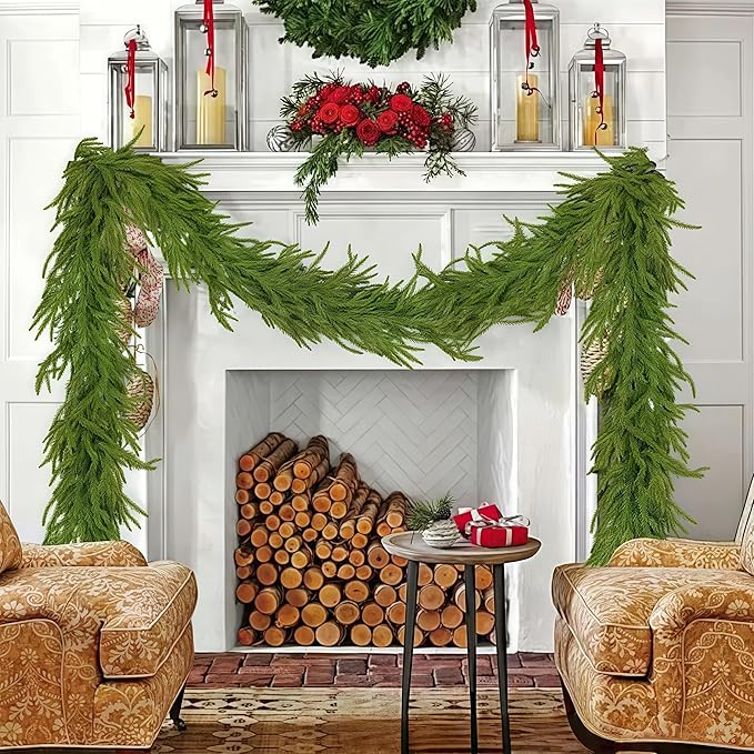 Christmas Decorations Artificial Norfolk Pine Garlands 9FT, 4Pcs Real Touch Winter Pine Garland, Green Artificial Greenery Garland for Table, Mantle, Wall, Indoor, Outdoor Decorations