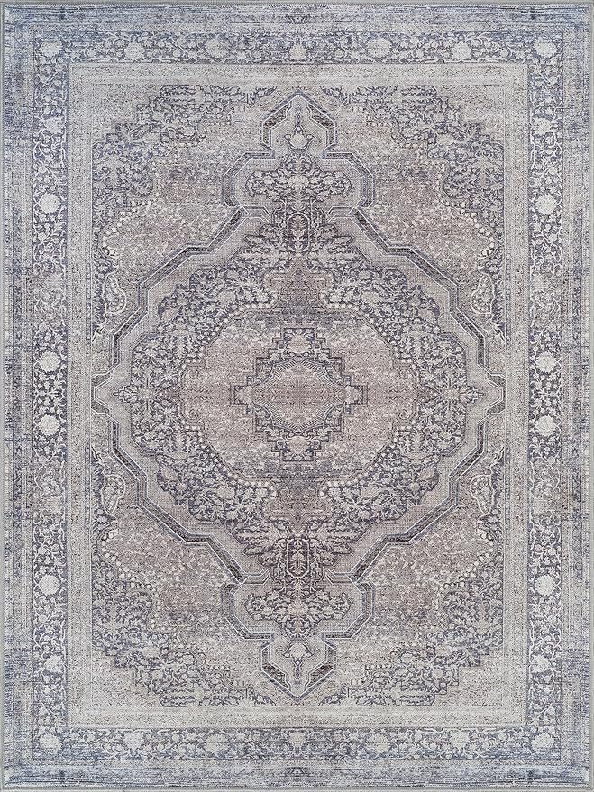 Bloom Rugs Washable Non-Slip 5' x 7' Rug - Blue/Steel Gray/Beige Traditional Medallion Area Rug for Living Room, Bedroom, Dining Room, and Kitchen - Exact Size: 5' x 7'