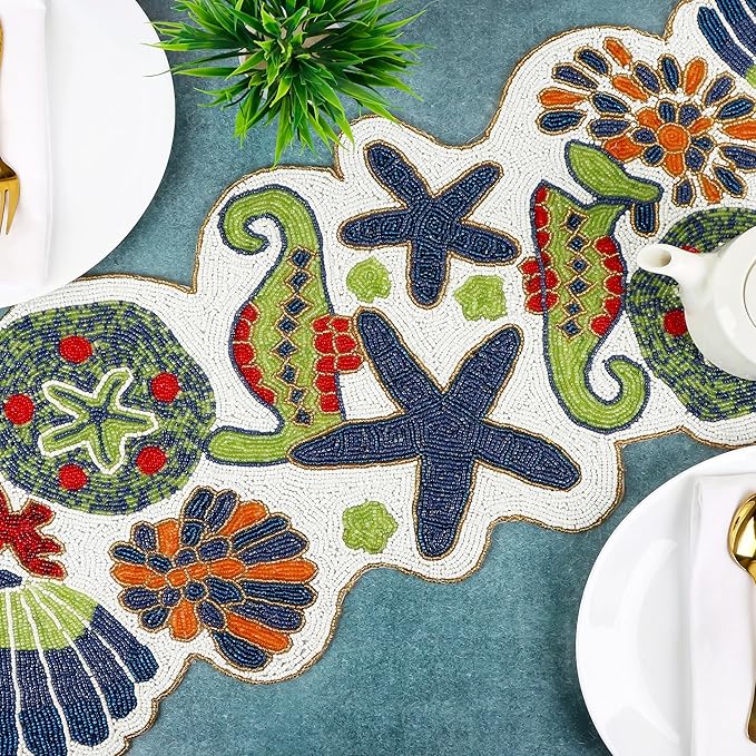 Handmade Beaded Coastal Table Runner -36" Ocean Theme Table Decor with Starfish, Seahorse, Coral, Shells -Nautical Table Centerpiece for Summer, Beach House, or Tropical Décor (Multi) - CLEENTABLE