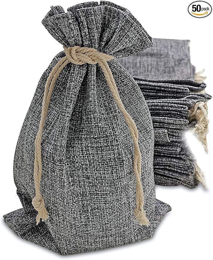 Supply Friend 50 Gray Burlap Bags with Drawstring, 7x10 Inch Gift Bag Bulk Pack for Mugs, Mason Jars, Christmas, Wedding Party Favors, Jewelry and Treat Pouches