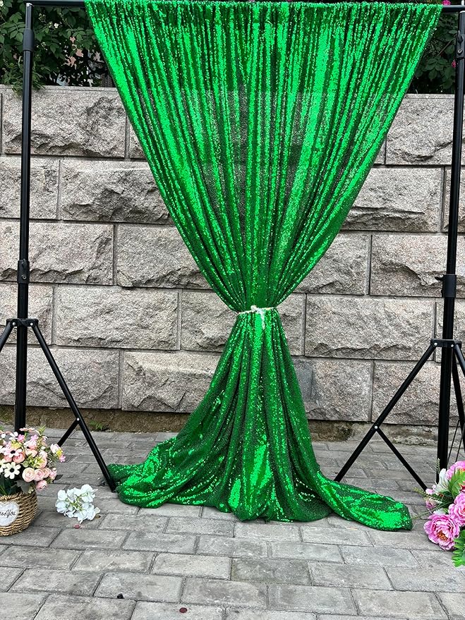 Green Sequin Backdrop Curtains 4 Panels 2FTx8FT Glitter Green Photo Backdrop Party Wedding Baby Shower Curtain Sparkle Photography Background