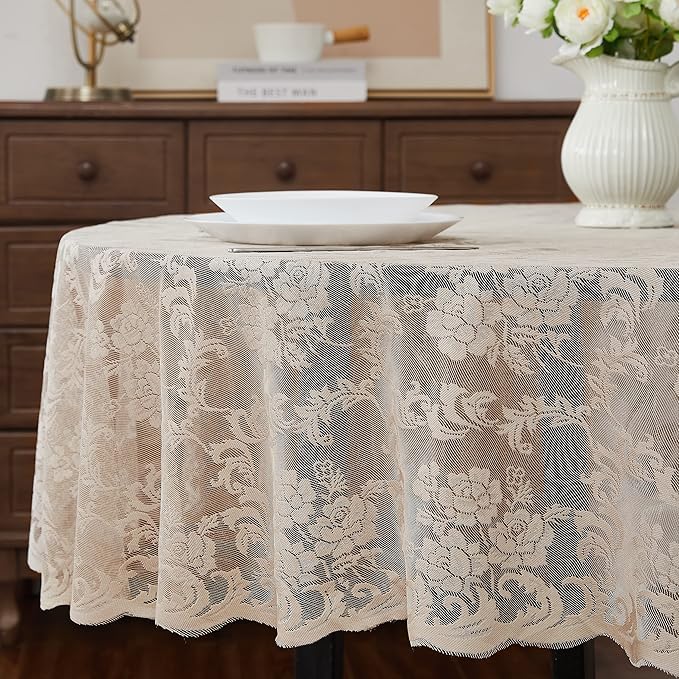 LinenZone Small Linen Round Tablecloth for Rustic Vintage Decor. Sheer Lace Table Cloth Works Great As Wedding Tablecloth or Thanksgiving Table Cover. (Mia 36 Round, Linen)