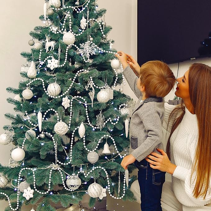 100 Feet White Christmas Tree Garland, Artificial Beads Strands Chain, Christmas Tree Decorations for DIY Xmas Tree Decorations Fireplace Balcony Home Party Decor