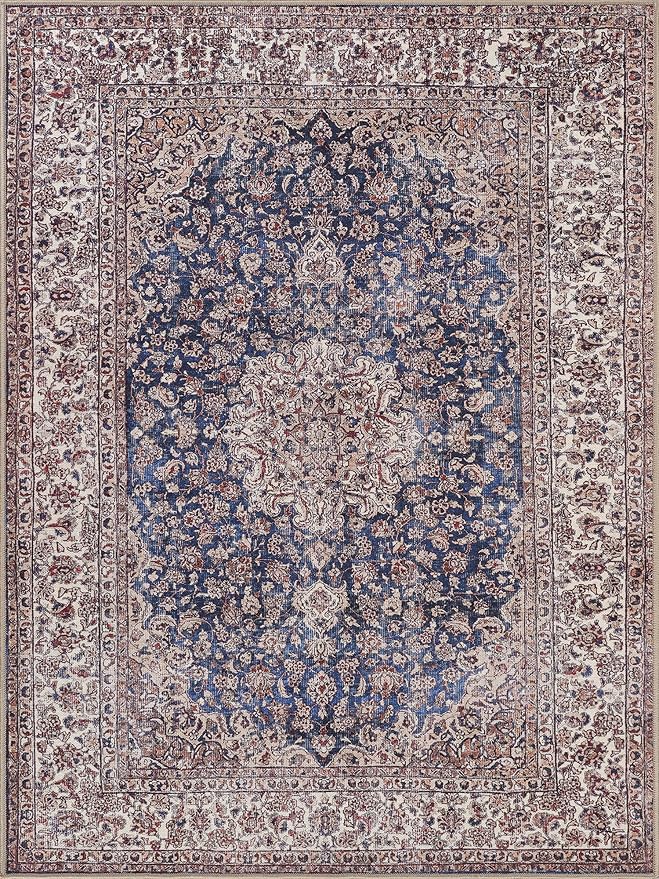 Bloom Rugs Washable Non-Slip 6' x 9' Rug - Dark Blue/Beige Traditional Medallion Area Rug for Living Room, Bedroom, Dining Room, and Kitchen - Exact Size: 6' x 9'