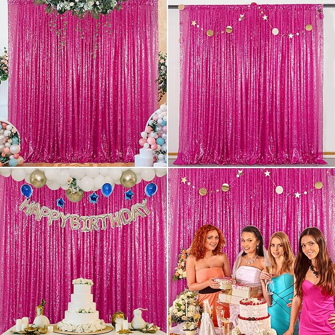 Fuchsia Sequin Backdrop Curtains 4 Panels 2FTx8FT Hot Pink Glitter Sequin Curtains for Backdrop for Parties, Wedding，Valentine Decoration