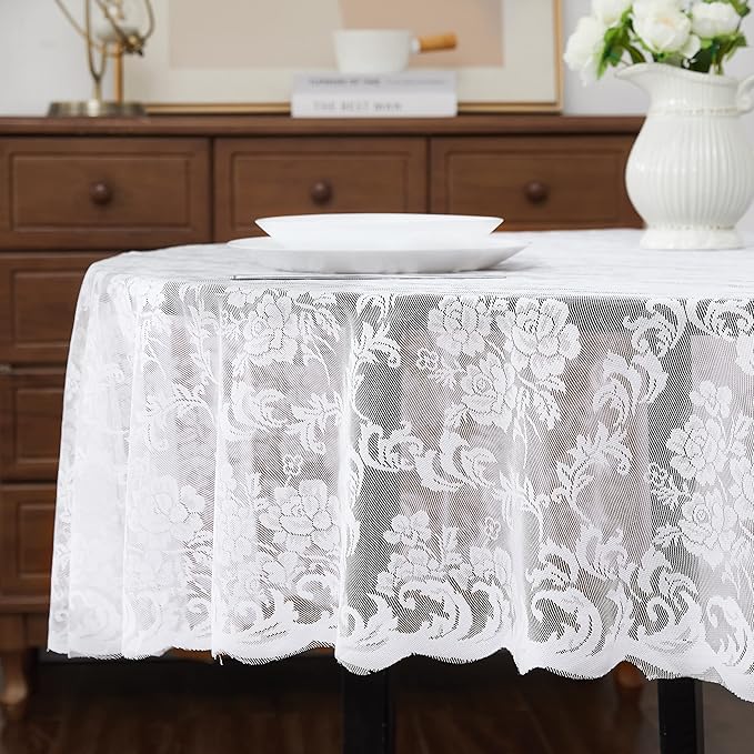 LinenZone White Round Tablecloth for Rustic Vintage Decor. Sheer Lace Works Great As Wedding, Thanksgiving or Christmas Tablecloth (Mia 48 Round, White)