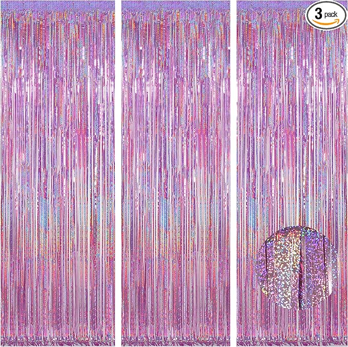 Melsan 3 Pack 3.2 x 8.2 ft Sparkling Pinkish Purple Tinsel Fringe Curtain Backdrop k pop Demon Hunters Party Decorations Glitter Decor for Birthdays, Bachelorette, Weddings, Photo Booth