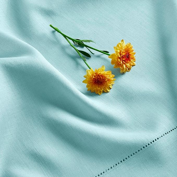 Solino Home Linen Aqua Blue Table Runner 36 Inches - Classic Hemstitch, 100% Pure Linen Coffee Table Runner 14 x 36 Inch Ideal for Dresser Tables