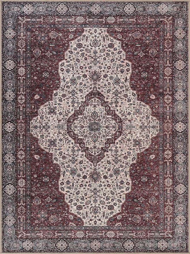Bloom Rugs Washable Non-Slip 5' x 7' Rug - Red/Green/Cream Traditional Medallion Area Rug for Living Room, Bedroom, Dining Room, and Kitchen - Exact Size: 5' x 7'
