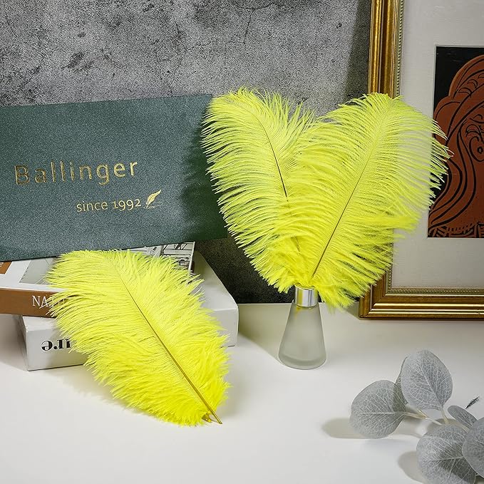Ballinger Fluorescent Yellow Ostrich Feathers - 24Pcs 12-14inch Long Feathers Bulk for Vase, Party Centerpieces, Mardi Gras Decorations and Home Decor