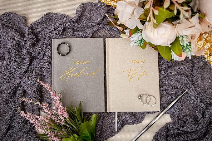 MUUJEE Hard Cover Vow Books (Set of 2) - Foil Embossed Wedding Ceremony Vow Renewal Speech Books, Couple Gifts for Engagement (For My Husband/Wife)